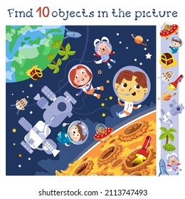 Find 10 objects. Game for children.  Children astronauts near space station and moon. Cartoon character vector illustration.