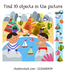 Find 10 objects. Game for children. Cheerful Indian boys are playing with boats near wigwams. Сute cartoon character. Vector illustration. 