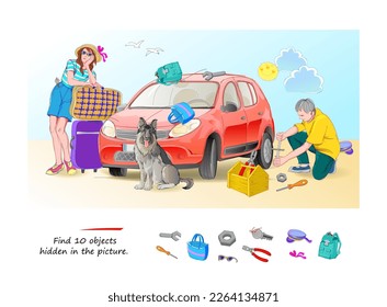 Buscar 10 objetos ocultos en la imagen. Juego de rompecabezas lógico para niños y adultos. Familia preparándose para viajar en auto. Página educativa. Juega en línea. Tarea de atención. Dibujo vectorial Ilustración