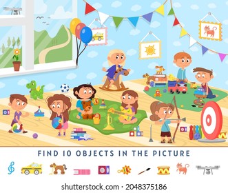 Find 10 objects. Kids game, school activity background. Funny mind exercise, memory training. Hidden object location, search on page decent vector scene