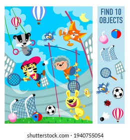 Find 10 objects in picture. Animals at stadium. Sport games. Vector illustration, full color.