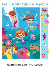 Find 10 objects in the picture. Children swim underwater with fish, seahorse, stars, jellyfish, vector illustration, full color.