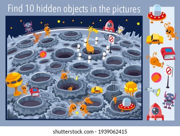 Find 10 objects in picture. Game for kids. Aliens on Moon. Vector illustration, full color.