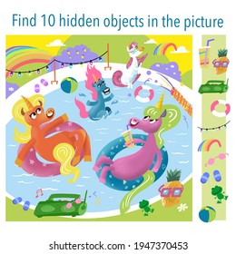 Find 10 objects in picture. Game for kids. Unicorn vacation, summer party. Vector illustrations, full color. 