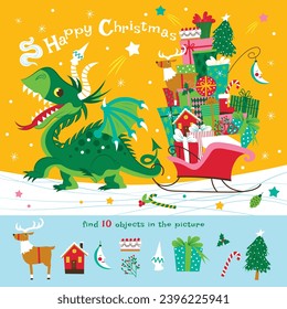 Find 10 objects in the picture. Hidden object puzzle. The little cheerful green dragon is carrying a lot of gifts for children. Vector illustration for New Year's card. Funny cartoon character.