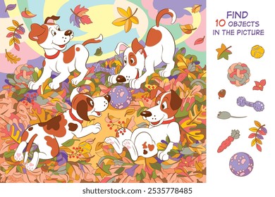 Find 10 objects in the picture. Hidden object puzzle. Funny puppies playing in autumn leaves. Vector illustration. Funny cartoon character