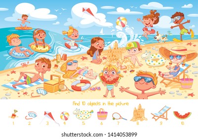 Find 10 objects in the picture. Puzzle Hidden Items. Group of kids having fun on beach. Child swimming with inflatable rubber circle and flippers, sunbathe on the beach, build sand castle