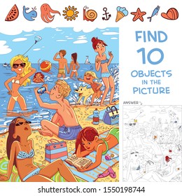 Find 10 objects in the picture. Puzzle Hidden Items. Young people relax on the beach. Funny cartoon character