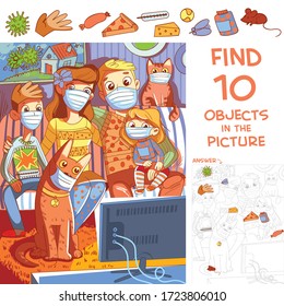 Find 10 objects in the picture. Puzzle Hidden Items. Family with children and pets sitting at home in protective masks on self-isolation and watching TV. Funny cartoon character