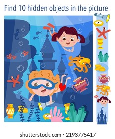 Find 10 objects in the picture. Puzzle game for kids. Underwater world with fish, octopuses, sea creatures. Castle and treasure, cartoon style characters. Vector illustration.