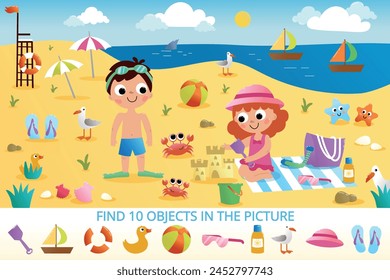 Find 10 objects in picture. Puzzle or childrens educational game with hidden Items. Landscape with kids playing on beach with ball, shovel and inflatable ring. Cartoon flat vector illustration