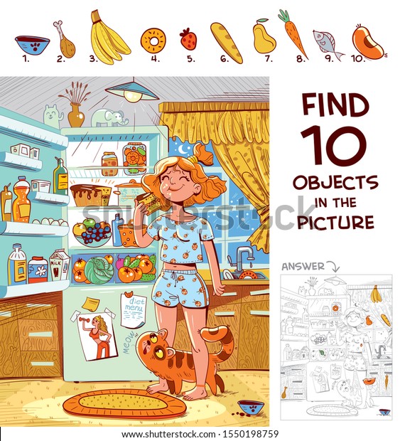画像内の10個のオブジェクトを検索します 隠しアイテムをパズルする パジャマを着た女の子が 冷蔵庫の近くでケーキを食べている 滑稽な漫画のキャラクター のベクター画像素材 ロイヤリティフリー