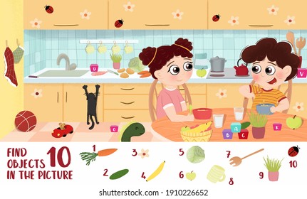 Find 10 objects in the picture.Puzzle Hidden Items for children's. Healthy foods for children. Fruits and vegetables in children's illustrations