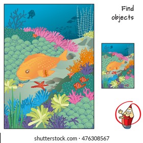 Find 10 starfishes. Find objects visual game for children. Cartoon vector illustration