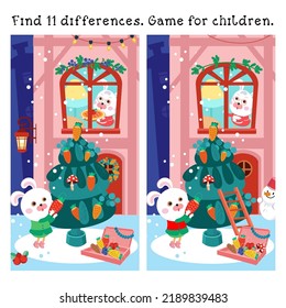 Find 11 differences. Game for children. Cute mother rabbit carries Christmas cake. Little bunny girl decorates Christmas tree. Characters and background in cartoon style. Vector illustration.
