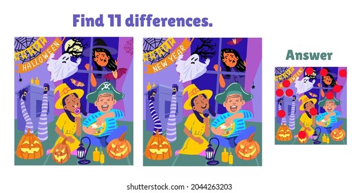 Find 11 Differences. Happy Halloween. Girl and boy eating sweets in room with pumpkins. Game for children. Activity, vector.