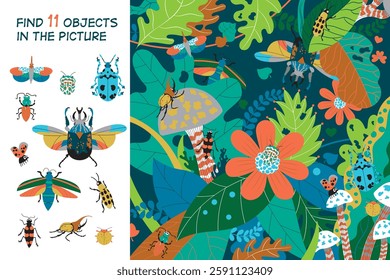 Find 11 insects in the picture. Hidden objects puzzle. Vector illustration for kids