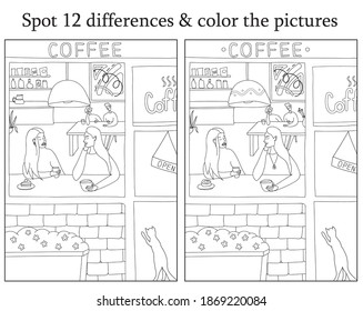 Find 12 differences game. Scene in a coffee shop with people drinking coffee behind the window. Coloring book page. Children puzzle