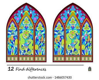 Find 12 differences. Logic puzzle game for children and adults. Print for kids brain teaser book. Illustration of medieval Gothic stained glass window. Developing counting skills. IQ training test.