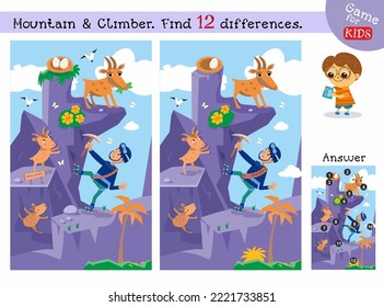 Find 12 hidden differences. Educational game  for kids. Puzzle game in cartoon style. Cute characters, funny animals and boy, nature landscape. Vector illustration. Mountain and climber. 