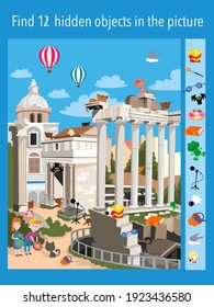 Find 12 Hidden Objects In Picture. Game For Kids. Children Feed Kittens In Ruins. Vector Illustration, Full Color.