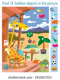 Find 12 objects in picture. Educational game for kids. Giraffe at grandmother's house. Vector illustration, full color.