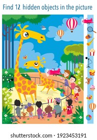 Find 12 objects in picture. Giraffes at zoo. Educational game for kids. Vector illustration, full color.