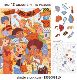 Find 12 objects in the picture. Puzzle Hidden Items. Women during the big sale. Funny cartoon character