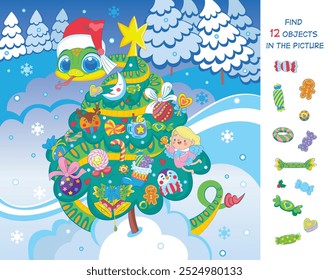 Find 12 objects in the picture. The symbol of the year Snake and the Newborn Christmas tree with gifts, sweets for children. Vector illustration for the New Year card. Funny animated character.