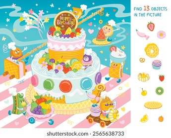 Find 13 objects in the picture. Hidden Object Puzzle. Funny characters built a big sweet birthday cake. Vector illustration