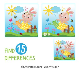 Find 15 Differences Between The Ballerina Bunny Watering The Flowers In The Meadow - A Fun And Educational Game For Kids. Improving Attention To Detail, Logic, Puzzle, Activity Book, Workbook