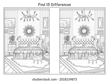 Find 15 differences. Differences. A game for children and adults. Coloring. Bedroom interior. Black and white vector illustration.