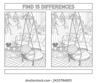 Find 15 differences. The interior of the balcony. Coloring book for adults. Black and white vector illustration.