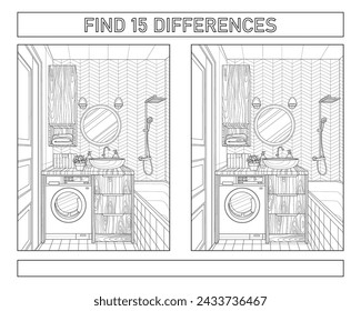 Find 15 differences. The interior of the bathroom. Coloring book for adults. Black and white vector illustration.