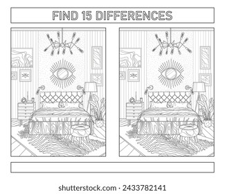 Find 15 differences. The interior of the bedroom. Coloring book for adults. Black and white vector illustration.