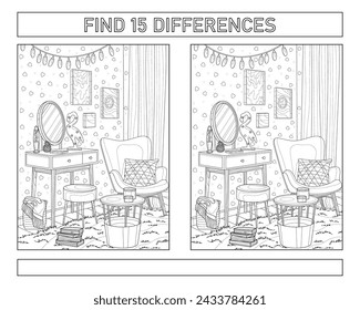 Encuentra 15 diferencias. El interior de la habitación de los niños. Libro para colorear para adultos. Ilustración vectorial en blanco y negro.