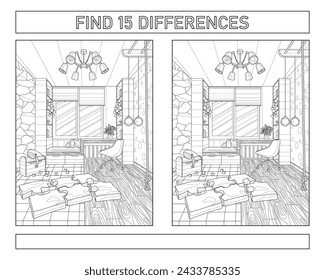 Find 15 differences. The interior of the children's room. Coloring book for adults. Black and white vector illustration.