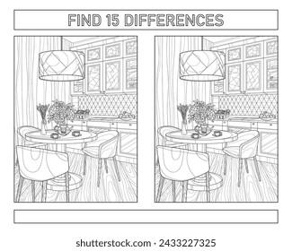 Encuentra 15 diferencias. El interior de la cocina-comedor. Libro para colorear para adultos. Ilustración vectorial en blanco y negro.