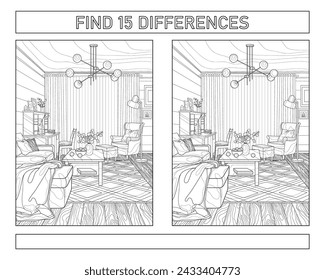 Find 15 differences. The interior of the living room. Coloring book for adults. Black and white vector illustration.