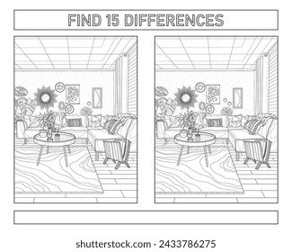 Encuentra 15 diferencias. El interior de la sala de estar boho. Libro para colorear para adultos. Ilustración vectorial en blanco y negro.