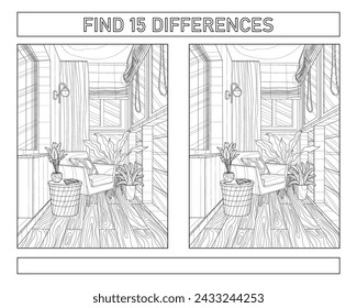 Encuentra 15 diferencias. El interior de la sala de logia. Libro para colorear para adultos. Ilustración vectorial en blanco y negro.