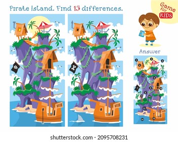 Find 15 hidden differences. Educational game and puzzle for kids. Vector illustration. Pirate island and ship.