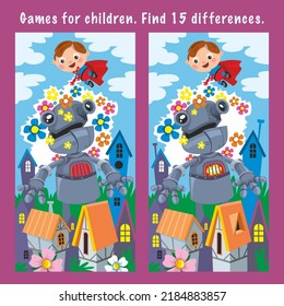 Find 15 hidden differences. Game for children. Vector illustration in cartoon style. Robot in city. Super boy defeats iron monster.