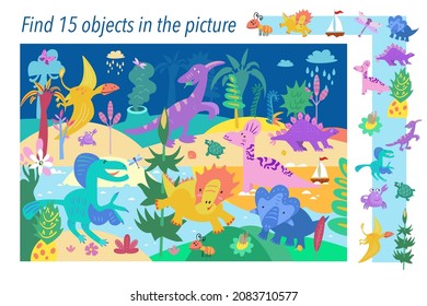 Find 15 Hidden Dino Objects In Picture. Game For Kids. Dinosaurs In Forest. Vector Color Illustration. Activity Children.