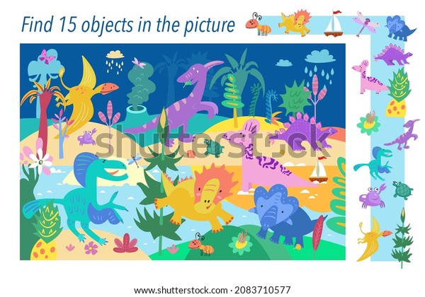 Find 15 hidden Dino objects in picture. Game\
for kids. Dinosaurs in forest. Vector color illustration. Activity\
children.