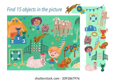 Find 15 hidden objects in picture. Child Game. Dog show with cute animals characters. Activities, vector illustration.