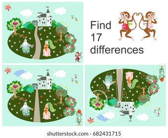 Find 17 differences. Kid game. Hand drawn picture with cheerful characters. 