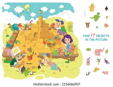 Find 17 items in the picture. Hidden Object Puzzle. The children built a big sand castle. Funny cartoon character