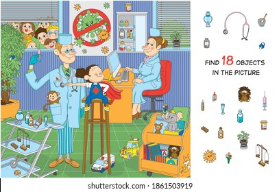 Find 18 objects in the picture. Hidden objects puzzle. The brave child is not afraid of vaccination. Funny cartoon character.