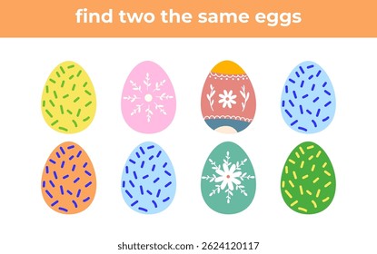 Find 2 identical easter egg, fun education puzzle game for children, preschool worksheet activity for kids